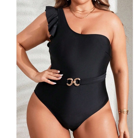 Plus One Shoulder Ruffle Sleeve Belted Monokini One Piece Swimsuit - Picture 1 of 15